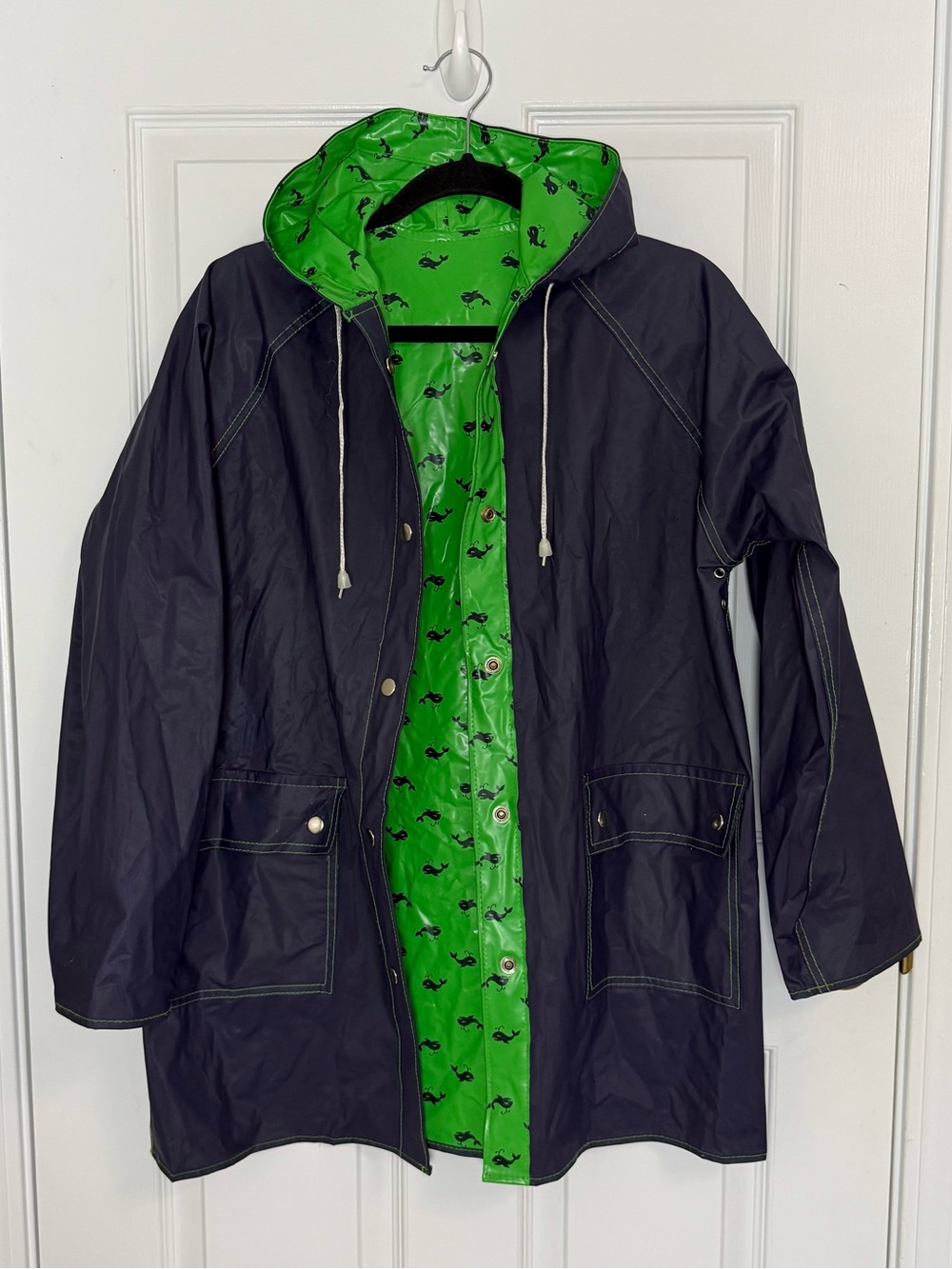 VTG 80s Rainskins Reversible vinyl rain coat Navy & Kelly Green  with Whales M